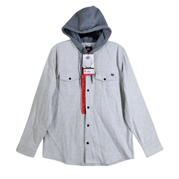 Quicksilver Hooded Flannel Shacket Shirt Jacket Mens M Beige Button Drawstring - Picture 2 of 12